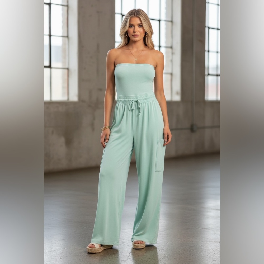 NWT Washed Drawstring Waist Strapless Cargo Pocket Wide Leg Jumpsuit Jumper - Picture 6 of 6